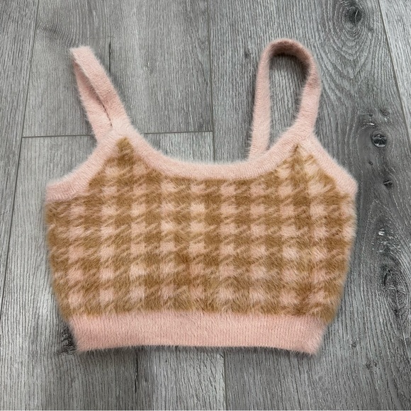 For Love and Lemons Fuzzy Pink and Tan Cher Sweater Crop Tank Top - Picture 4 of 5